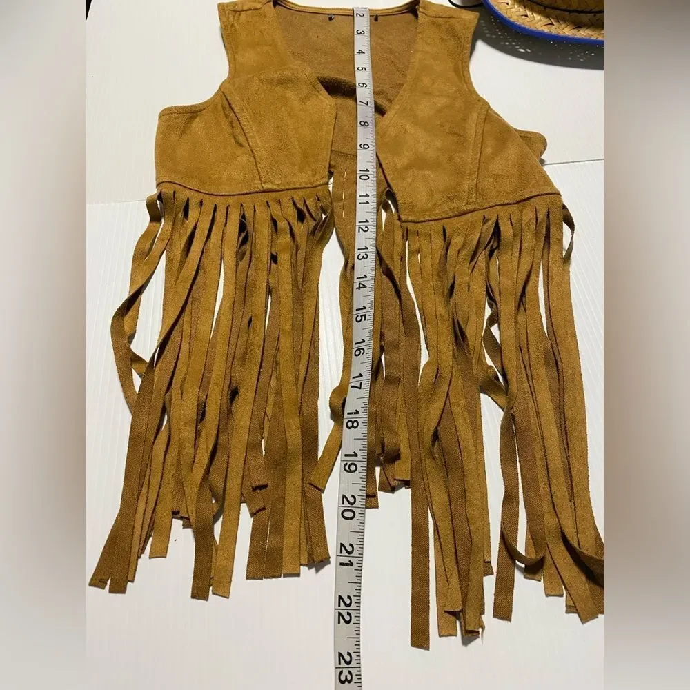 Native American cowboy Western straw hat fringe faux suede vest costume 6-12yo